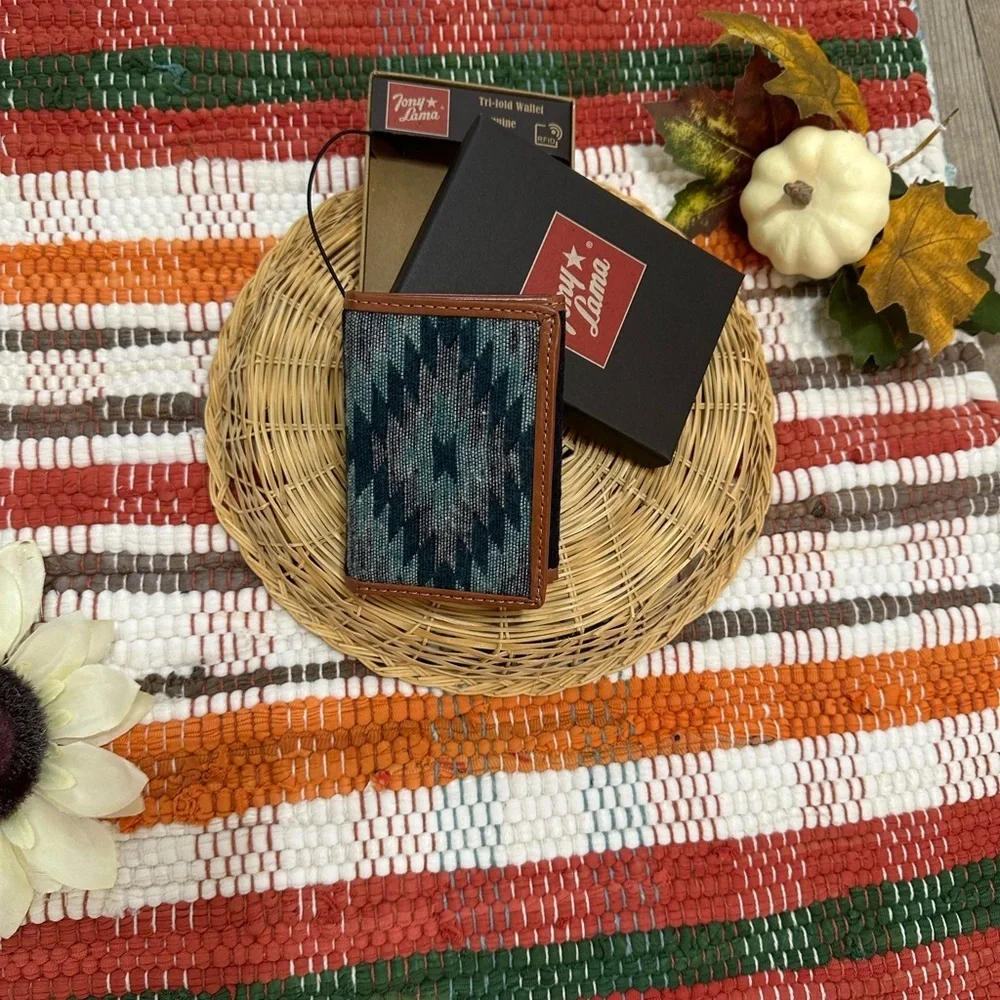 New Tony Lama Tri-Fold Wallet RFID Blue Aztec Canvas Leather Cowboy Western